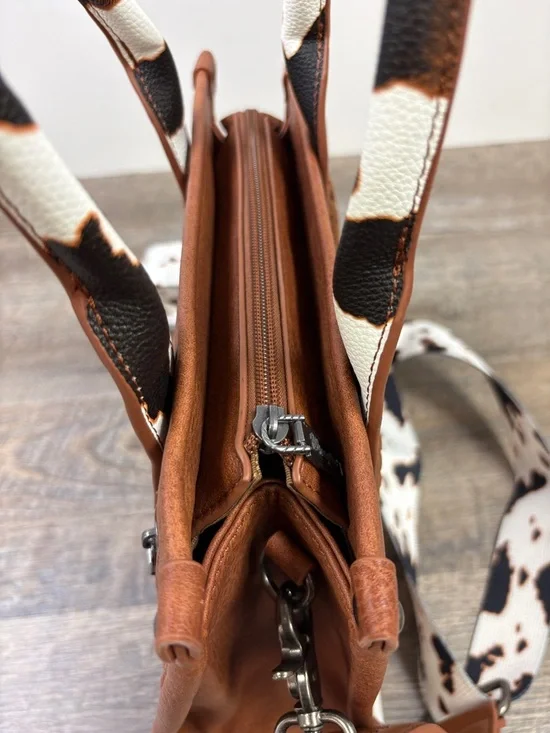 Wrangler Western Cow Print Tote Bag Brown Faux Leather Crossbody Satchel - Picture 4 of 13